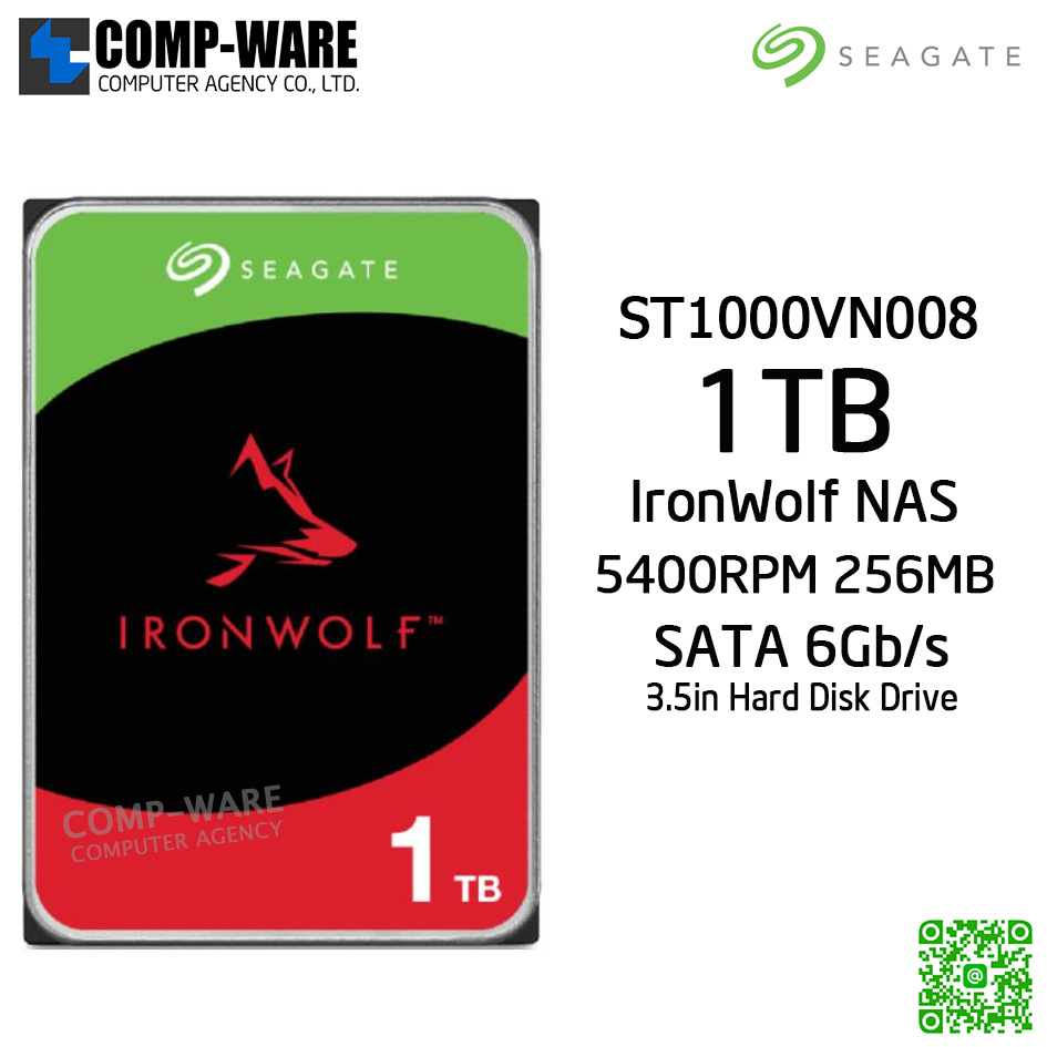 Seagate 1TB IronWolf NAS SATA 6Gb/s 5400RPM 256MB Cache 3.5-Inch Internal Hard Drive - ST1000VN008 - 3Y Warranty