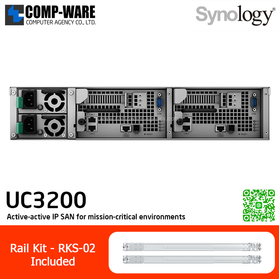 Synology Unified Controller (2U 12-Bay) UC3200 / Intel Xeon D-1521 / 8GB DDR4 ECC UDIMM (Max. 64GB) / 2x1GbE Base T per Controller, 1x10GbE Base T per Controller / Redundant Power / Rail kit RKS-02 / No HDD / 5Y Warranty