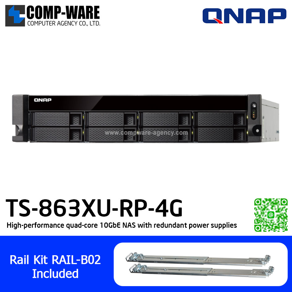QNAP NAS (2U 8-Bay) TS-863XU (4GB RAM) Single Power Supply , Redundant Power Supply , with Rail kit (RAIL-B02), No HDD