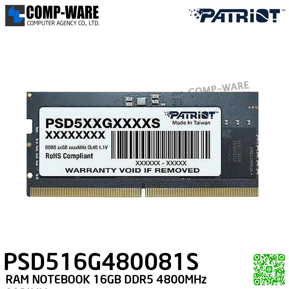 Patriot Signature Line DDR5 16GB (1 x 16GB) 4800MHz SODIMM CL 40-40-40-70 / RAM Notebook / Life Time Warranty - PSD516G480081S