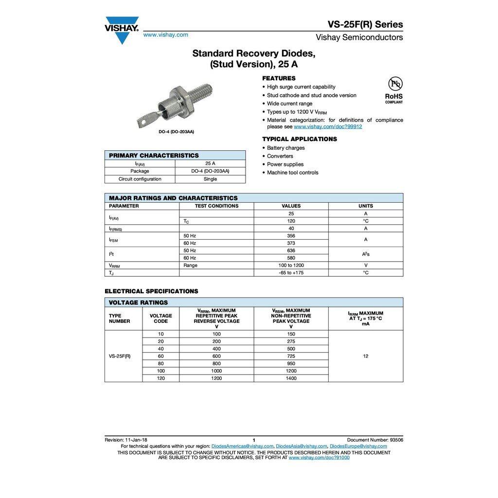 DIODE STANDARD ไดโอด 25A,600V | 25FR60 Vishay Semiconductors | IR25FR60