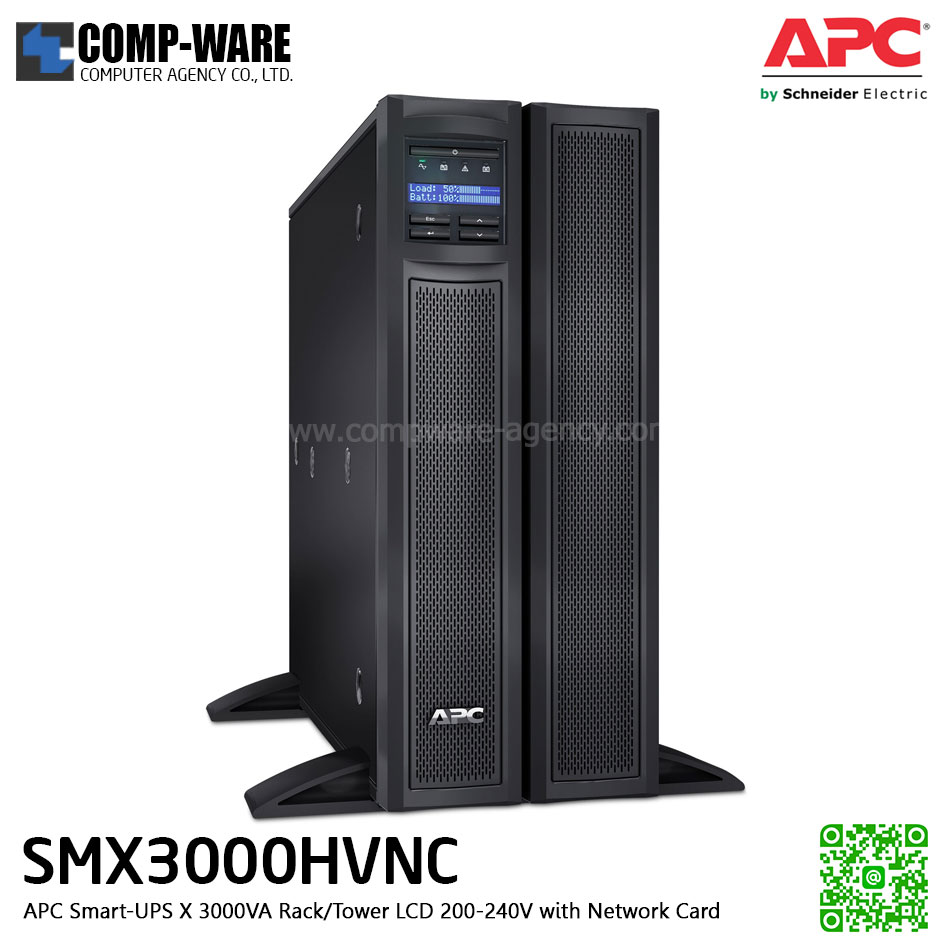 APC SMX Series Smart-UPS X 3000VA Short Depth Tower/Rack Convertible,LCD ,200-240V , with Network card, รองรับbattery pack สูงสุด 10 pack APC-SMX3000HVNC