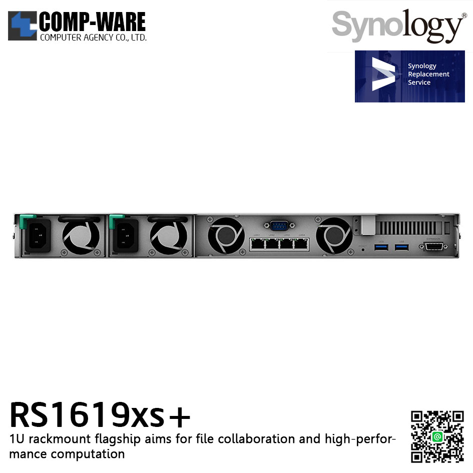 Synology RackStation (1U 4-Bay) RS1619xs+ (8GB ECC RAM up to 64GB) Intel Xeon D-1527 Quad-Core w/Rail Kit RKS-02 (แทนรุ่น RKS1317), No HDD