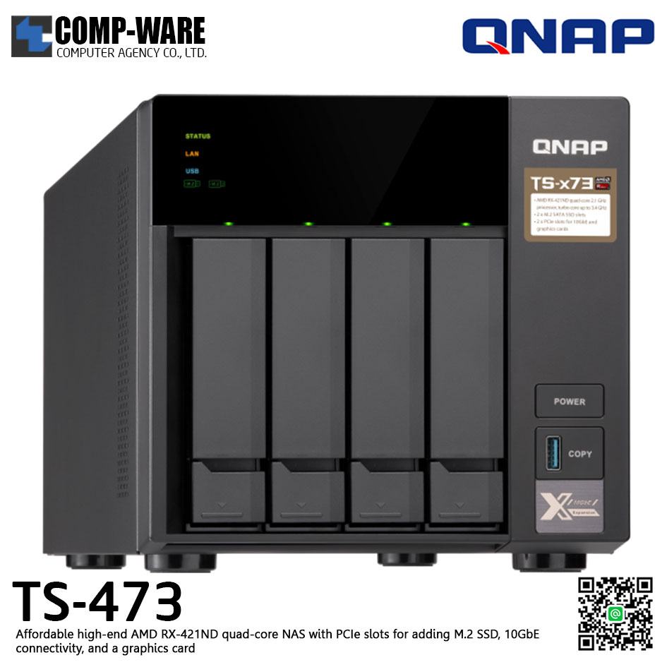 QNAP NAS (4-Bay) TS-473 (8GB RAM up to 64GB) AMD R series RX-421ND M.2 Dual-Slot Support ,No HDD