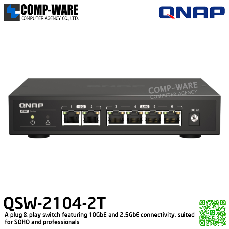 QNAP Switch QSW-2104-2T / Broadcom BCM 53161 / 16MB Memory / 2-ports 10GbE RJ45, 4-ports 2.5GbE RJ45, unmanaged switch / Adapter Power / 2Y Warranty