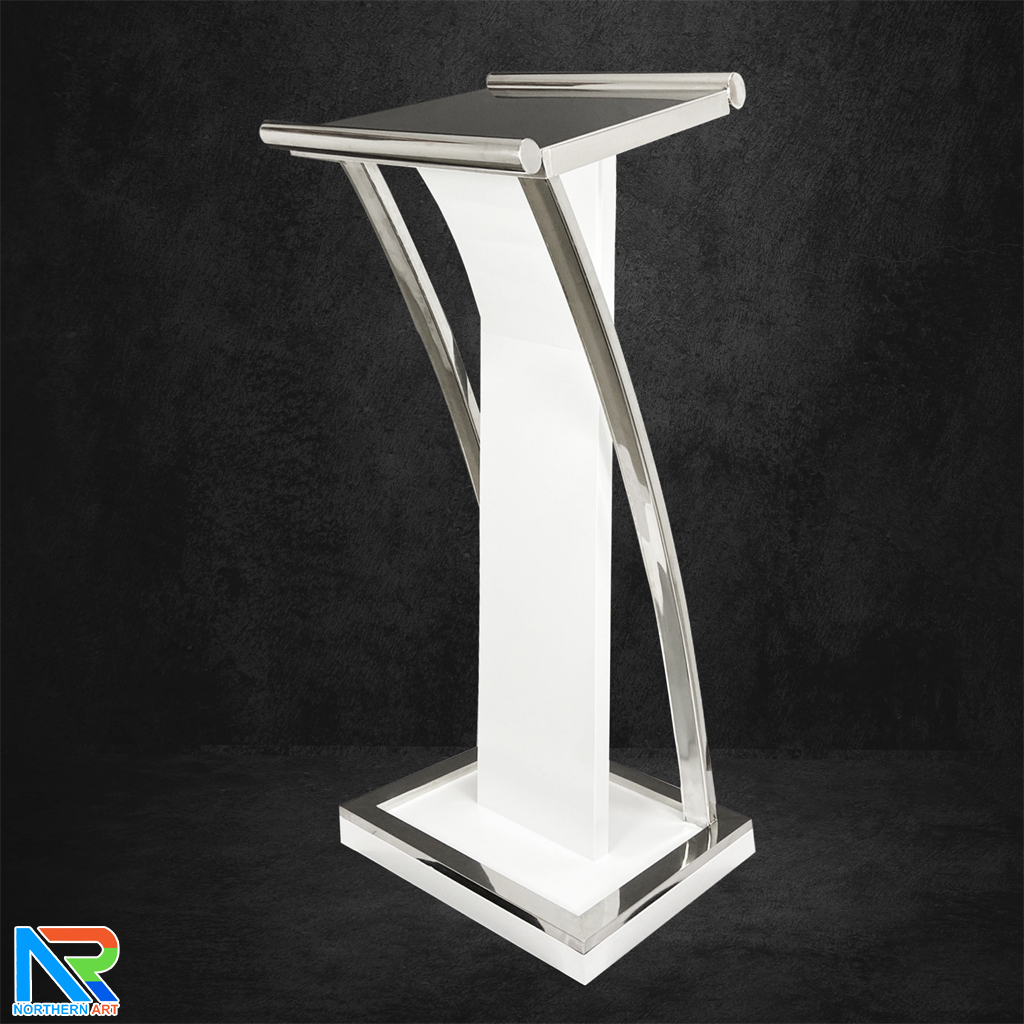 โพเดียมไม้จริง สีขาว PD-01 ขนาด (W) 48x (L) 51 (H) 120 cm Top หุ้มสแตนเลส เกรด 304 พร้อมตกแต่งเสาโค้งสแตนเลส