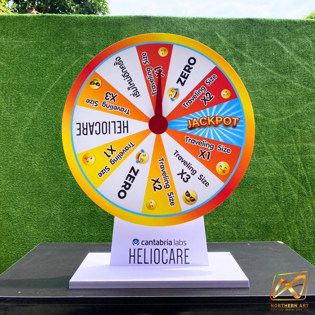 เกมส์วงล้อตั้งโต๊ะ ขนาดวงล้อ 50 ซม. สูง 61.5 ซม. วัสดุพลาสวูดสีขาว หนา 8-15 มม. ถอดประกอบได้