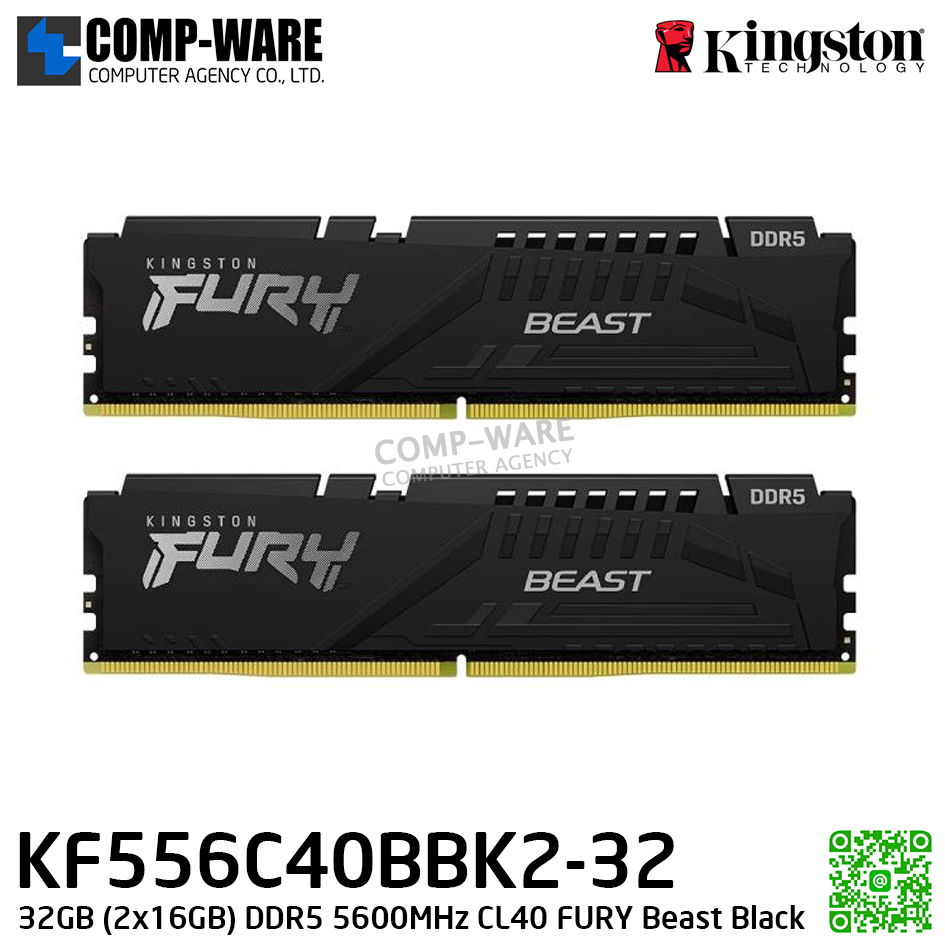 Kingston KF556C40BBK2-32 32GB (2x16GB) DDR5 5600MHz CL40 FURY Beast Black - Lifetime Warranty - Memory Module - RAM