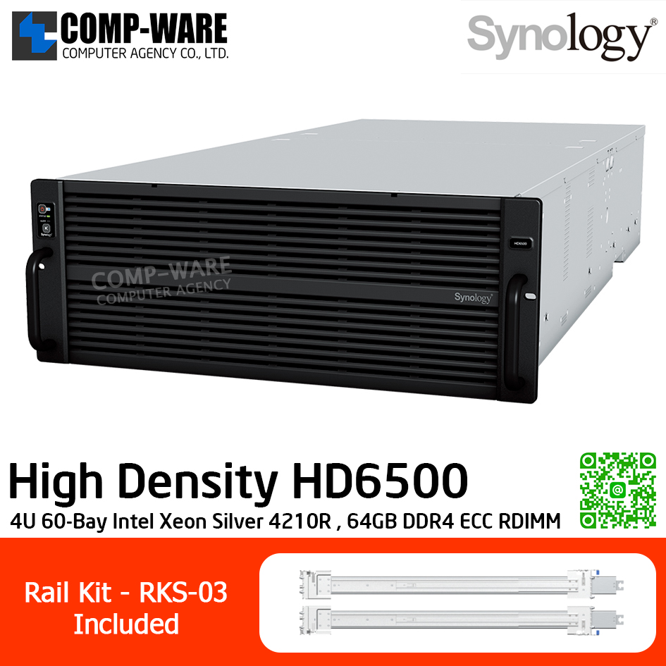 Synology High Density (4U 60-Bay) HD6500 / Intel Xeon Silver 4210R / 64GB DDR4 ECC RDIMM / 60 x 3.5" SAS HDD or 2.5" SATA SSD / 2 x RJ-45 1GbE , 2 x RJ-45 10GbE / Redundant PSU / Rail Kit RKS-03 / No HDD / 5Y Warranty