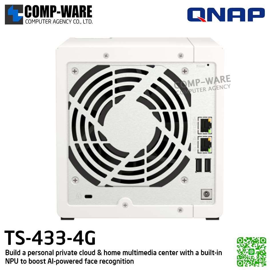 QNAP (Tower 4-Bay) TS-433-4G / ARM 4-core Cortex-A55 / 4GB on board / 4 x 3.5-inch SATA 6Gb/s / 1 x RJ45 ,1 x 2.5GbE / Adapter Power / 2Y Warranty / No HDD