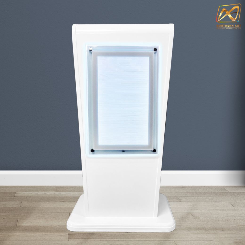 โพเดียมไม้ LED สีขาว ขนาด (W)55 x (L)45 x (H)112 cm. พร้อม LED CRYSTAL FRAME ด้านหน้า