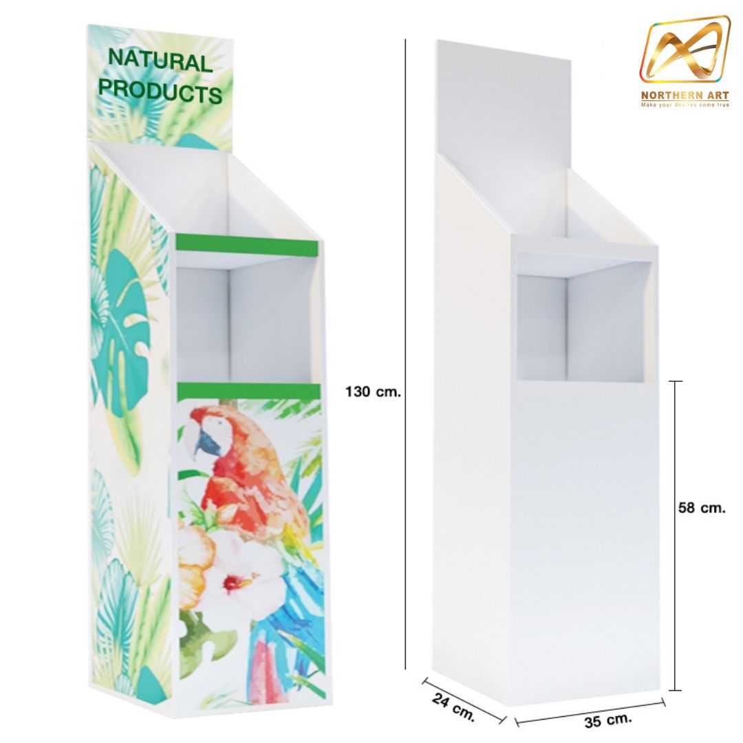 ชั้นวางสินค้าพลาสวูด 2 ชั้น ขนาด (W)35 x (D)24 x (H)130 ซม. พร้อมงานพิมพ์ พลาสวูดหนา 8 มม.