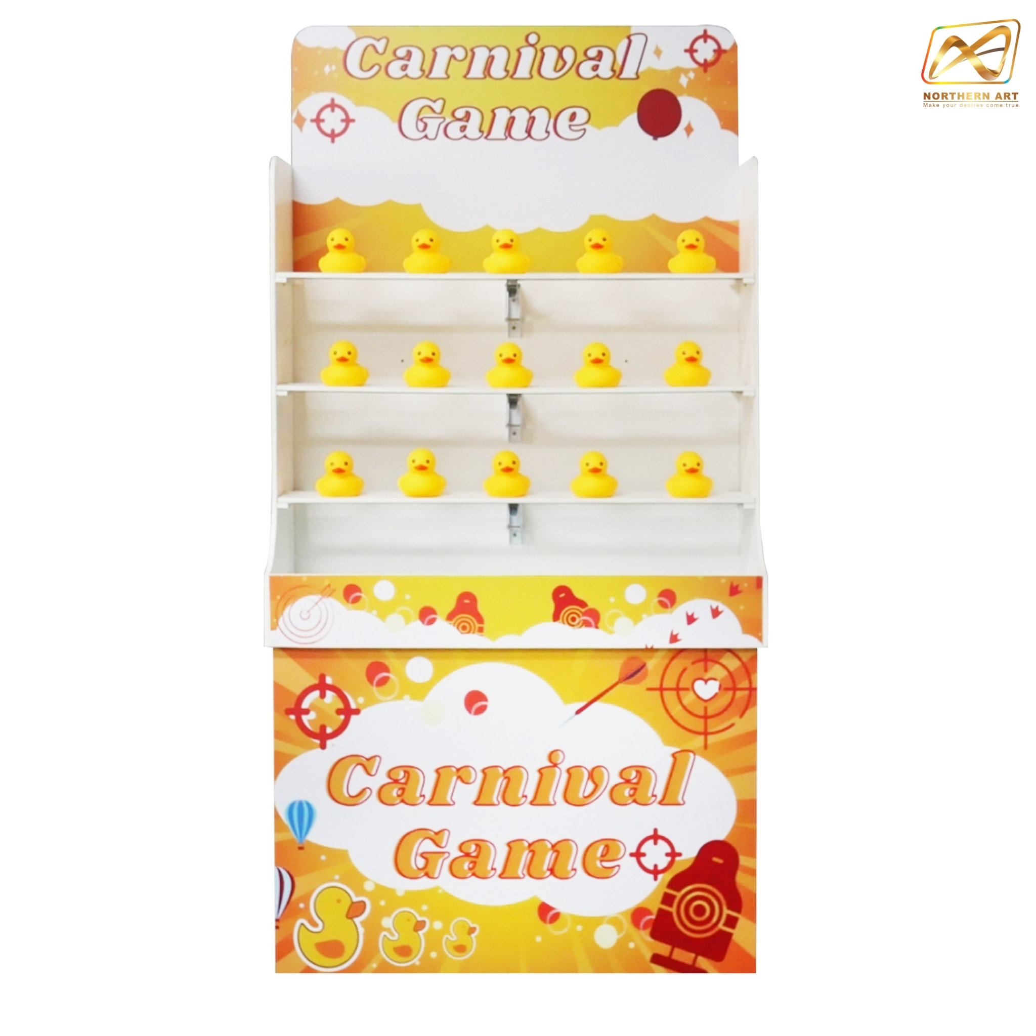 เช่าเกมส์ปาเป็ด ขนาดโครง (W) 90 x (L)36 x (H)180 cm. พร้อมเป็ดยาง 15 ตัว และบอลโฟม 12 ลูก