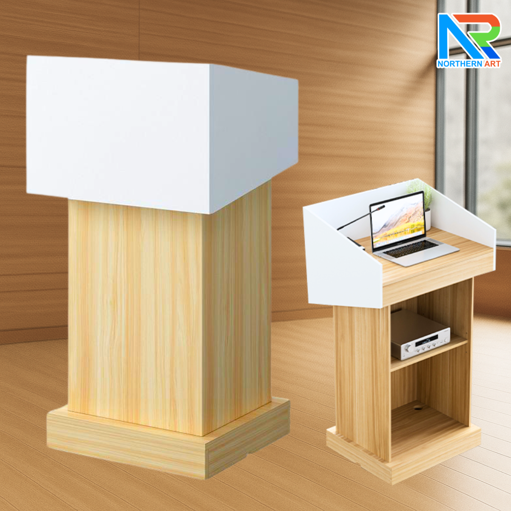 โพเดียมไม้MDF ทูโทน สีขาว และสีสักลายไม้ ขนาด (W)73 x (L)54 x (H)117 cm. พร้อมชั้นวาง