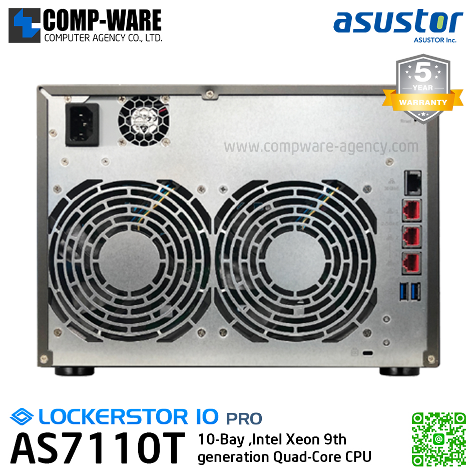 Asustor Lockerstor 10 Pro (10-Bay) AS7110T (8GB DDR4 ECC SO-DIMM RAM up to 64GB) Intel Xeon E-2224 3.4GHz Quad-Core , 5Years Warranty , No HDD