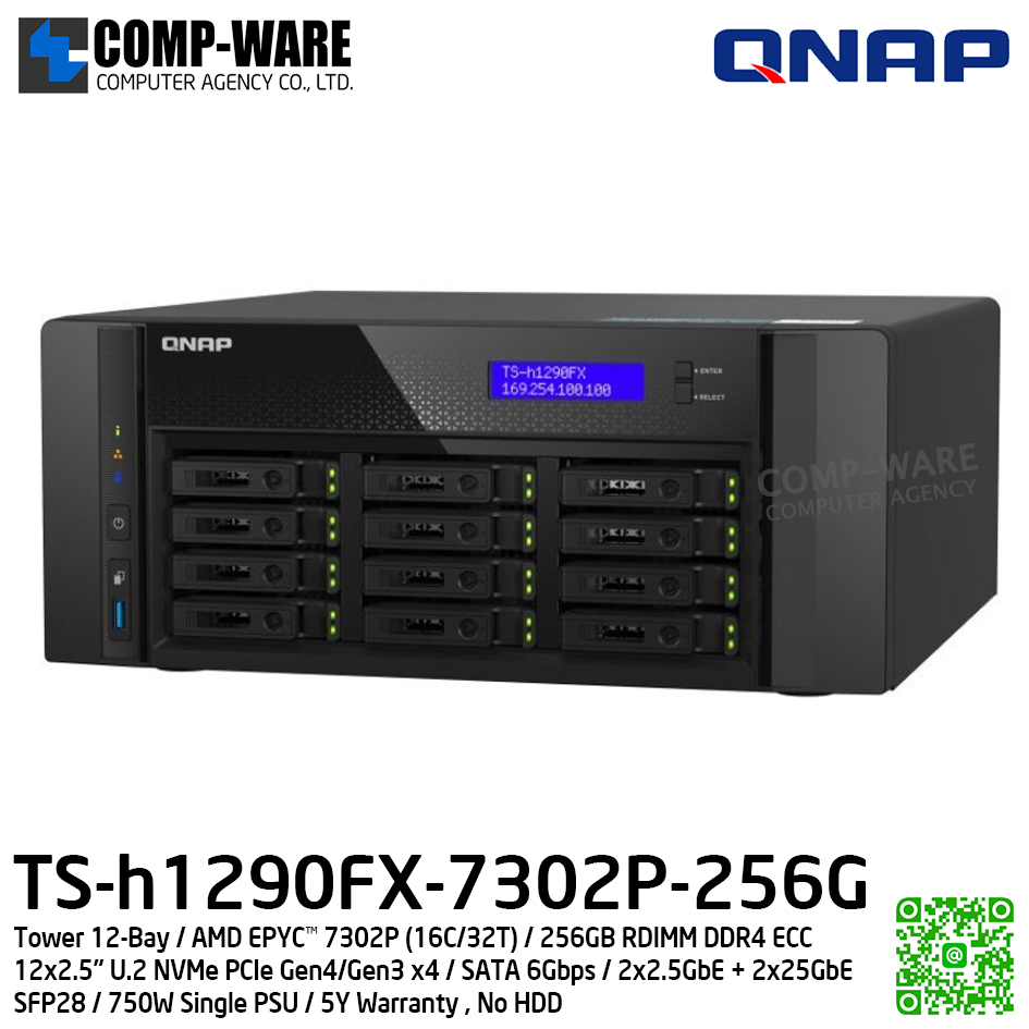 QNAP (Tower 12-Bay) TS-h1290FX-7302P-256G / AMD EPYC™ 7302P (16C/32T) / 256GB RDIMM DDR4 ECC (8 x 32GB) / 12 x 2.5" U.2 NVMe PCIe Gen4/Gen3 x4 / SATA 6Gbps / 2 x 2.5GbE + 2 x 25GbE SFP28 / 750W Single PSU / 5Y Warranty , No HDD