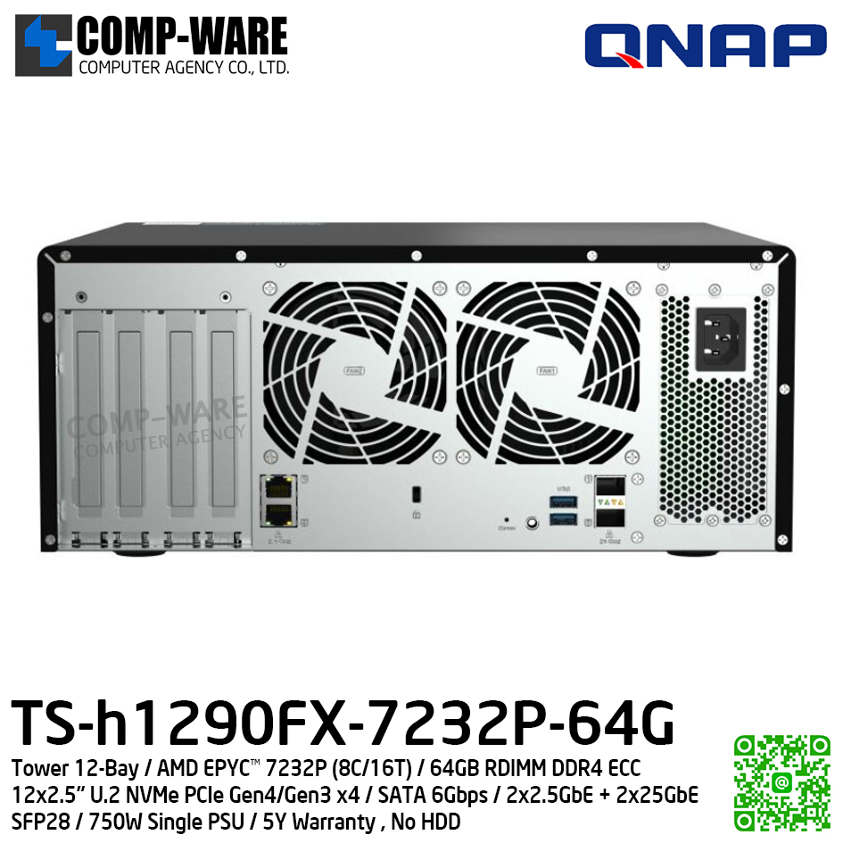 QNAP (Tower 12-Bay) TS-h1290FX-7232P-64G / AMD EPYC™ 7232P (8C/16T) / 64GB RDIMM DDR4 ECC (8 x 8GB) / 12 x 2.5" U.2 NVMe PCIe Gen4/Gen3 x4 / SATA 6Gbps / 2 x 2.5GbE + 2 x 25GbE SFP28 / 750W Single PSU / 5Y Warranty , No HDD