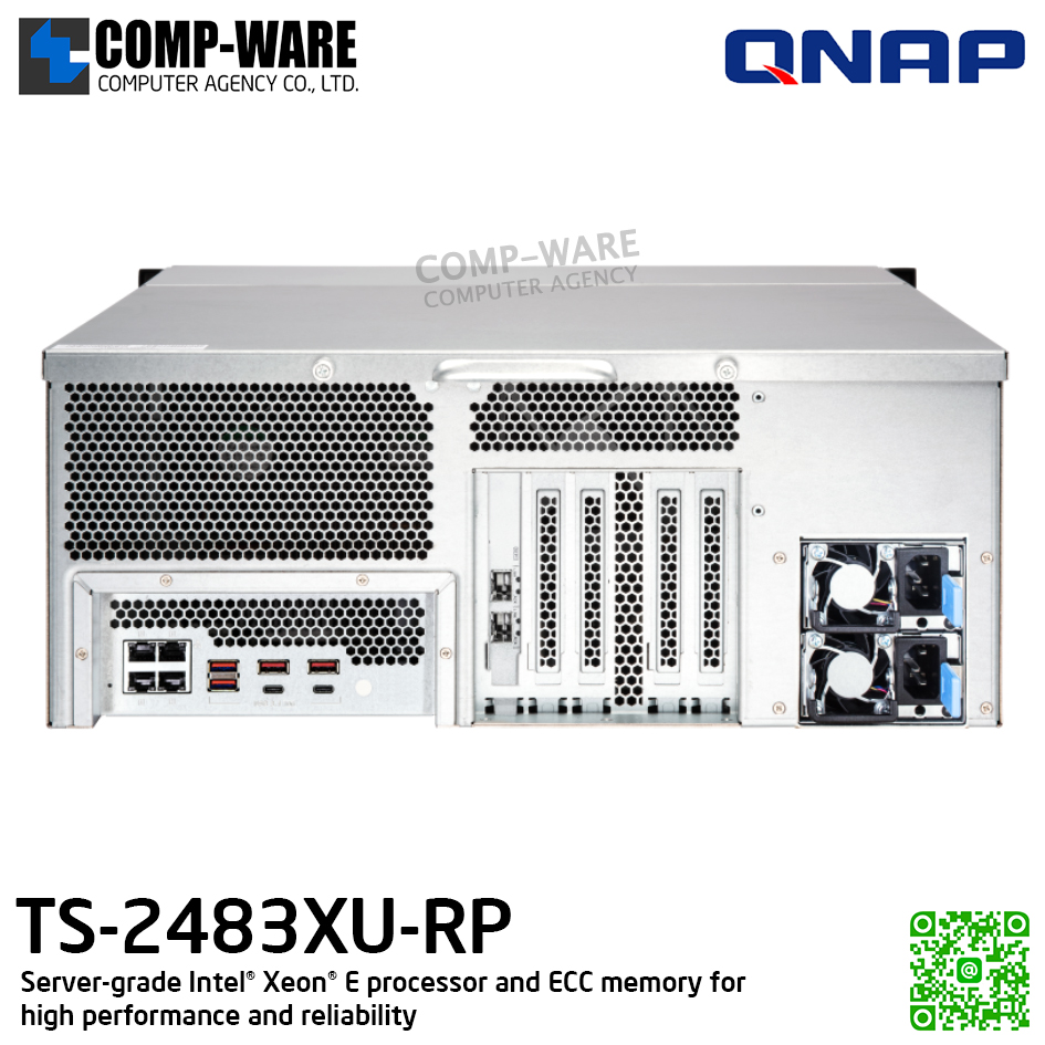 QNAP (4U 24-Bay) TS-2483XU-RP-E2136-16G / Intel Xeon E-2136 (6C/12T) / 16GB DDR4 ECC / 24 x 2.5"/3.5" SATA 6Gbps / 4 GigaLan, 2 x 10GbE SFP+ SmartNIC / 800W Redundant PSU / 3Y Warranty / No HDD / Rail Kit RAIL-A02-90