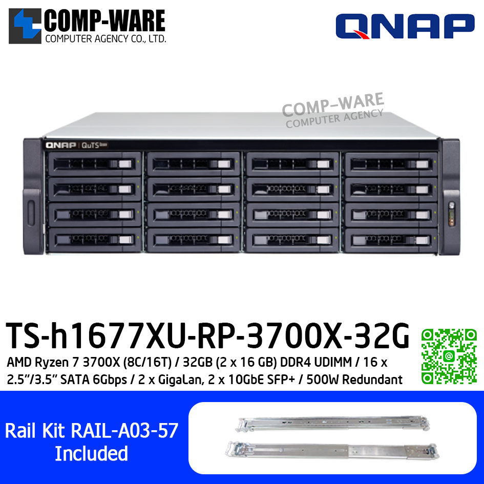 QNAP (3U 16-Bay) TS-h1677XU-RP-3700X-32G / AMD Ryzen 7 3700X (8C/16T) / 32GB (2 x 16 GB) DDR4 UDIMM / 16 x 2.5"/3.5" SATA 6Gbps / 2 x GigaLan, 2 x 10GbE SFP+ / 500W Redundant PSU / 3Y Warranty / No HDD / Rail kit RAIL-A03-57