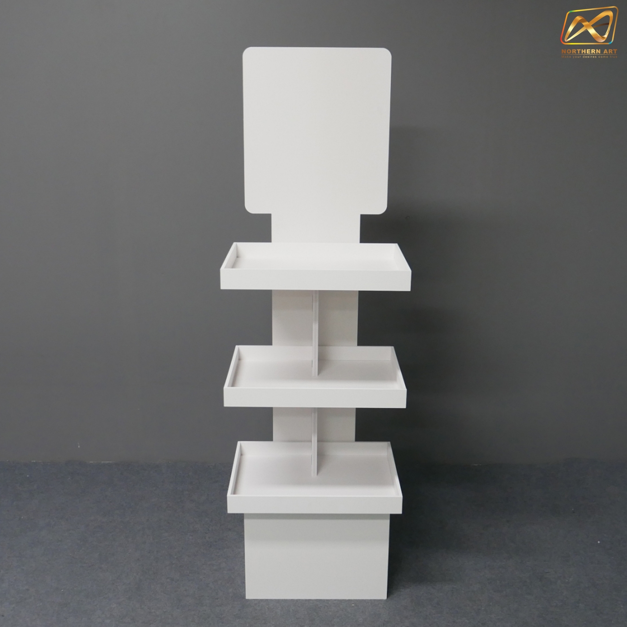 ชั้นวางสินค้าพลาสวูด 3 ชั้น ขนาด (W)40 x (D)31.6 x (H)150 ซม. พลาสวูดหนา 8 มม.พร้อมงานพิมพ์สติ๊กเกอร์