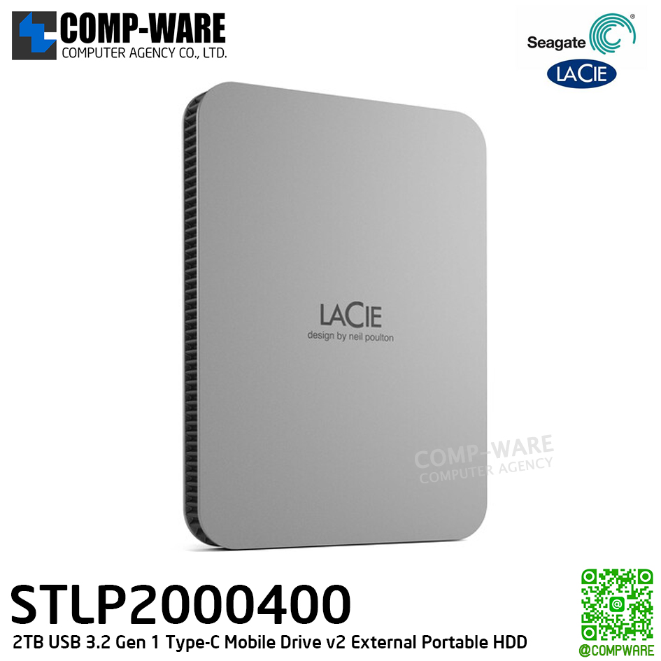 Seagate LaCie 2TB USB 3.2 Gen 1 Type-C Mobile Drive v2 (Moon Silver) - STLP2000400 - 3Y Warranty