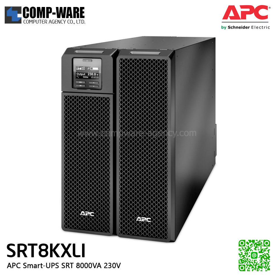 APC SRT Series Smart-UPS On-Line SRT 8000VA Tower model , 230V , มีหน้าจอ LCD, รองรับการเชื่อมต่อ battery pack สูงสุด 10 pack APC-SRT8KXLI