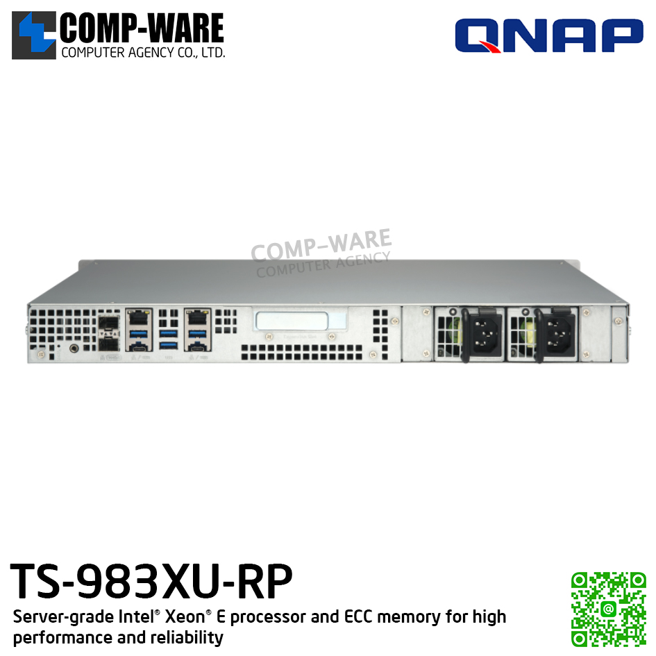 QNAP (1U 9-Bay) TS-983XU-RP-E2124-8G / Intel Xeon E-2124 (8Core) / 8GB UDIMM DDR4 ECC (2 x 4GB) / 4 x 2.5"/3.5" SATA 6Gbps + 5 x 2.5" SATA 6Gbps / 2 x GigaLan, 2 x 10GbE SFP+ SmartNIC / 300W Redundant PSU / 3Y Warranty , No HDD , No Rail Ki