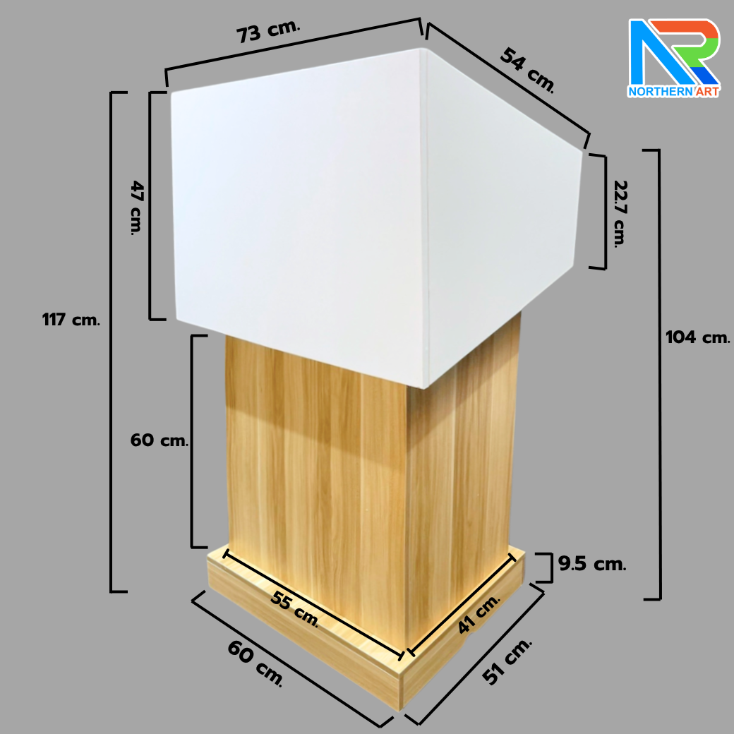 โพเดียมไม้MDF ทูโทน สีขาว และสีสักลายไม้ ขนาด (W)73 x (L)54 x (H)117 cm. พร้อมชั้นวาง