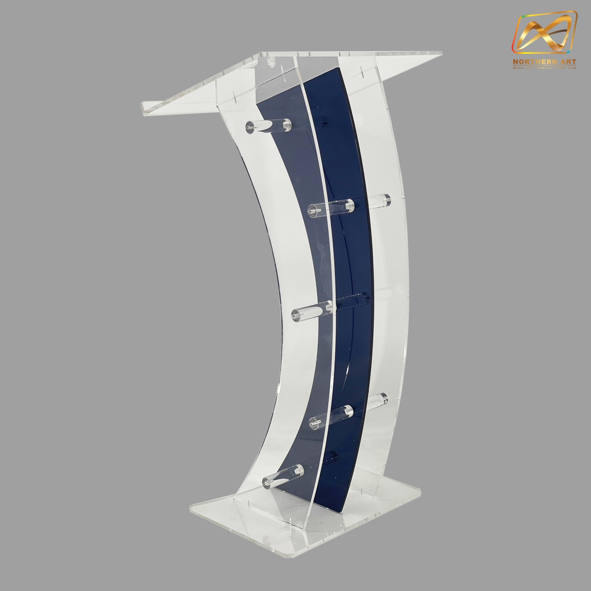 โพเดียมอะคริลิคใส และอะคริลิคสีน้ำเงิน ขนาด(W)60 x (L)42 x (H)113 cm. TOP เอียงพร้อมกันตก