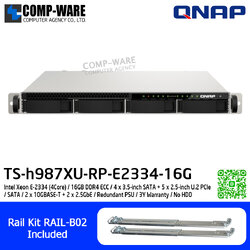QNAP (1U 9-Bay) TS-h987XU-RP-E2334-16G / Intel Xeon E-2334 (4Core) / 16GB DDR4 ECC / 4 x 3.5-inch SATA + 5 x 2.5-inch U.2 PCIe, SATA / 2 x 10GBASE-T + 2 x 2.5GbE / Redundant PSU / 3Y Warranty / No HDD / Rail Kit RAIL-B02