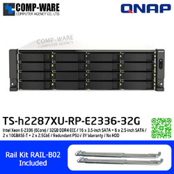 QNAP (3U 22-Bay) TS-h2287XU-RP-E2336-32G / Intel Xeon E-2336 (6Core) / 32GB DDR4 ECC / 16 x 3.5-inch SATA + 6 x 2.5-inch SATA / 2 x 10GBASE-T + 2 x 2.5GbE / Redundant PSU / 3Y Warranty / No HDD / Rail Kit RAIL-B02
