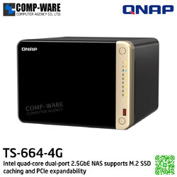 QNAP (Tower 6-Bay) TS-664-4G / Intel Celeron N5105/N5095 / 4GB DDR4 SODIMM / 6 x 3.5-inch SATA 6Gb/s / 2 x 2.5GbE / 2 x M.2 2280 / 1xHDMI / Adapter Power / 3Y Warranty / No HDD