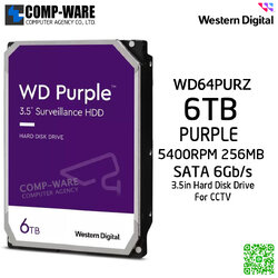 WD Purple 6TB AV Surveillance Hard Disk Drive - 5400RPM SATA 6Gb/s 256MB Cache 3.5 Inch - WD64PURZ - 3Y Warranty