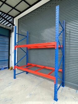 ชั้นวางพาเลท (แบบมีตัวค้ำคาน) Size W268 x D100 x H300 (ขนาดวัดจากเสาไปเสา) cm. 2,000kg/ชั้น (สีทูโทน ส้ม/น้ำเงิน) ชั้นวาง 2 ชั้น